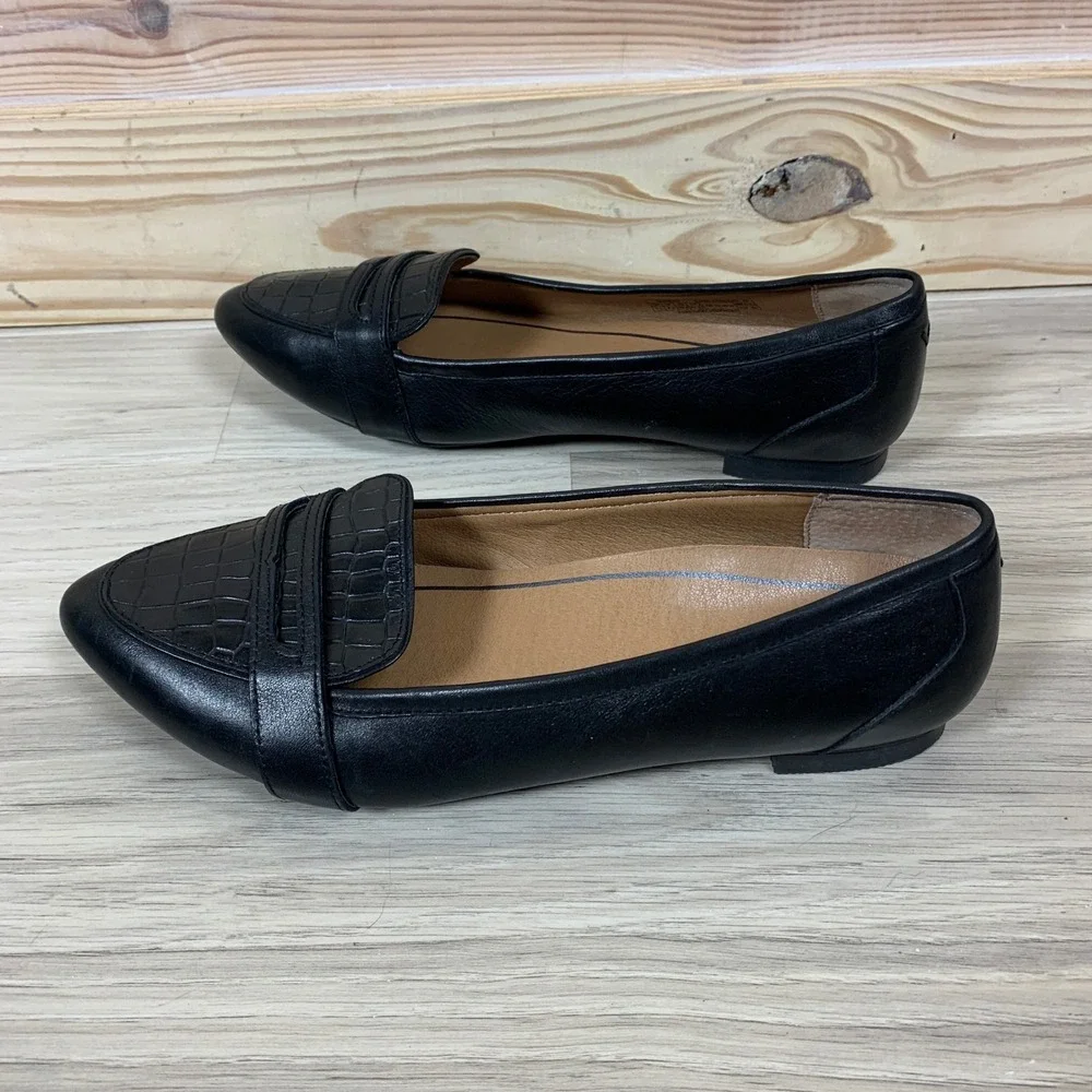 Vionic Savannah Flats Women 7.5‎ Black Pointed Toe Croc Embossed Leather Loafers
